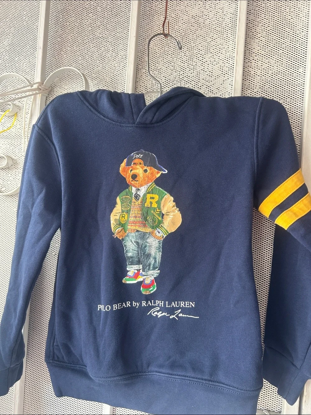 Ralph Lauren Navy Polo Bear Hoodie with Yellow Sleeve Stripes